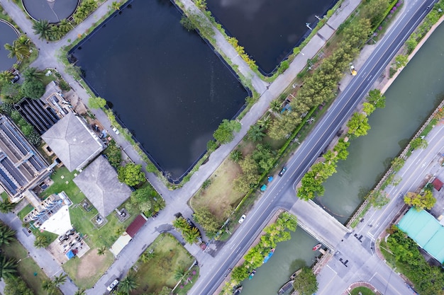 Aerial view High angle view Top down drone shot of the sewage treatment plantThe Solid contact clarifier tank type sludge recirculation in water treatment plant Industrial wastewater treatment plant