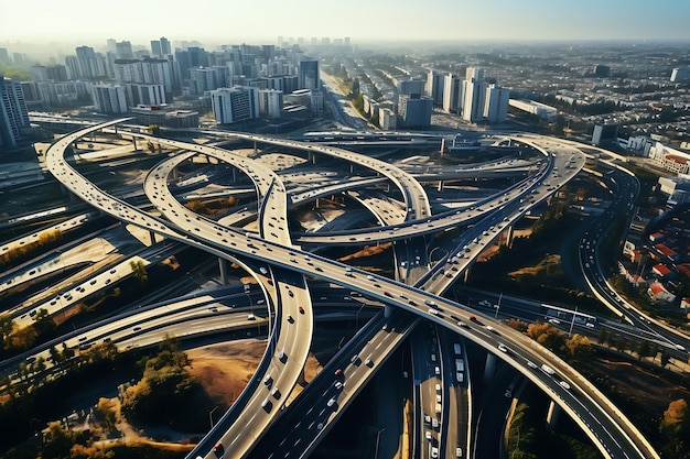 Aerial view of highway in the city Highway interchange overpass