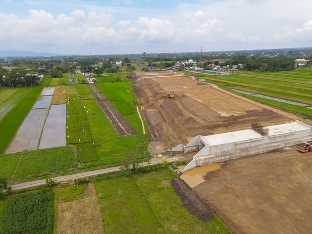 Aerial view of highway construction in Klaten Indonesia Toll Solo Yogyakarta project