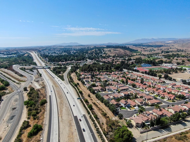 Aerial view of highway crossing the little town Moorpark Ventura County California