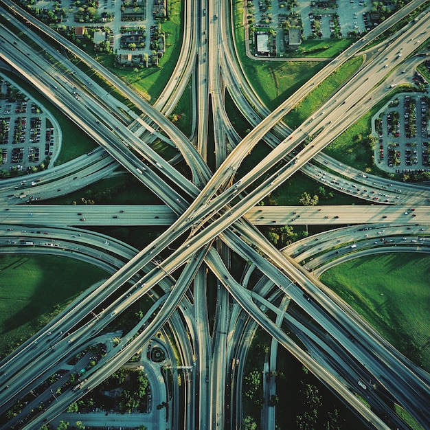 Photo aerial view of a highway eerily designed with an intricate network of interwoven masculine