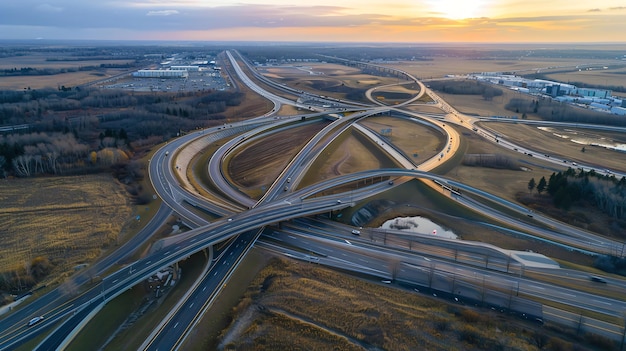 Aerial view of a highway interchange at sunset