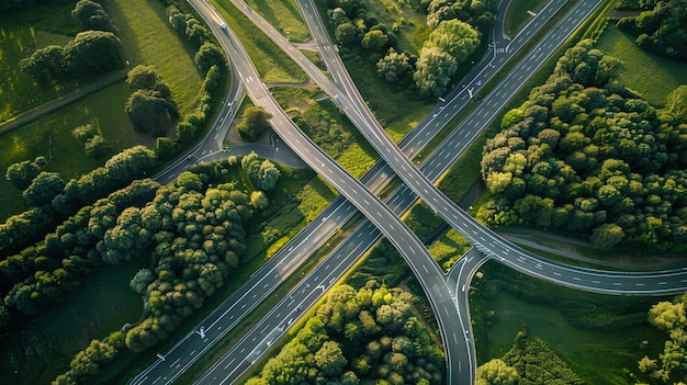 Aerial view of a highway interchange surrounded by trees