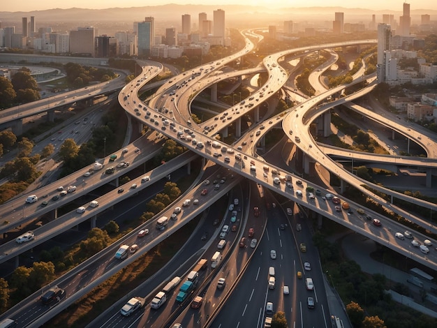 an aerial view of a highway intersection with multiple lanes