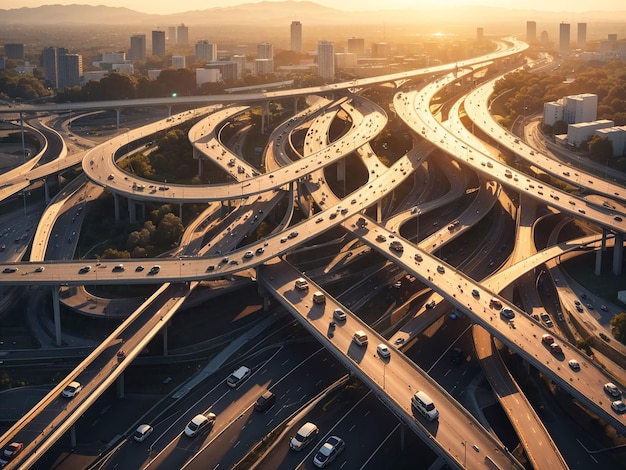 an aerial view of a highway intersection with multiple lanes