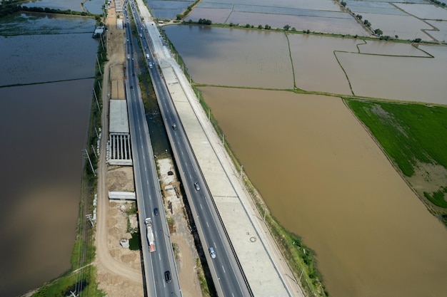 Aerial view of highway with car road top view transportation