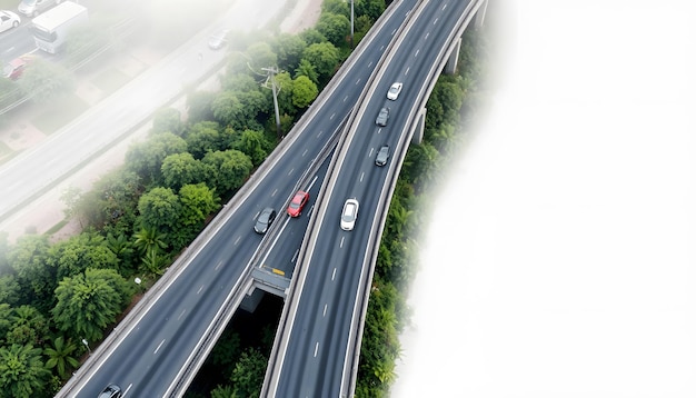 Photo aerial view of a highway with car traffic on a bridge with vegetation around isolated with white