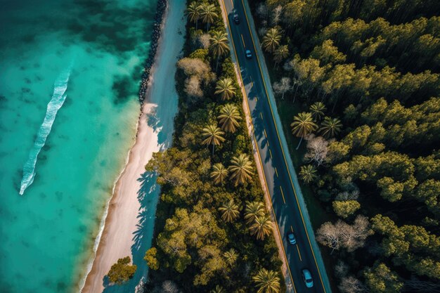 Aerial view of a highway with a red car driving along the coast passing by a wide beach green forests and the sparkling ocean under a sunny sky Generative AI