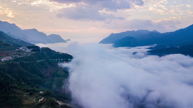 Aerial view the hill town in Sapa, Sapa city of mist, Lao Cai, Vietnam.