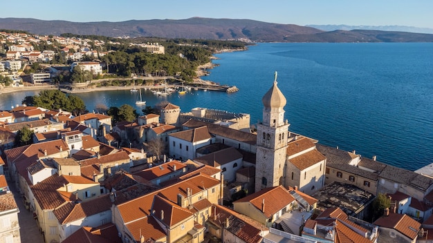 Aerial view of historic Adriatic town of Krk , Island of Krk, Kvarner bay of Adriatic sea, Croatia, Europe