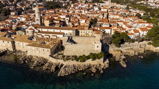 Aerial view of historic Adriatic town of Krk  Island of Krk Kvarner bay of Adriatic sea Croatia Europe