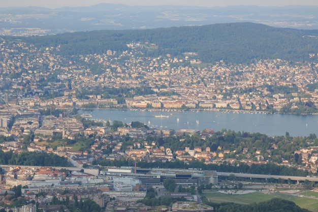 Aerial view of historic Zurich city center with lake, canton of Zurich, Switzerland. Sunny day in summer