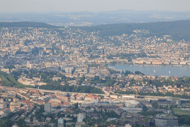 Aerial view of historic Zurich city center with lake, canton of Zurich, Switzerland. Sunny day in summer