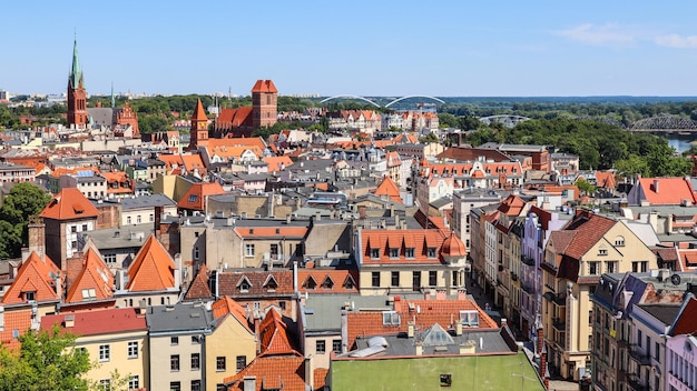 Aerial view of historical buildings of medieval town Torun, Poland. August 2019