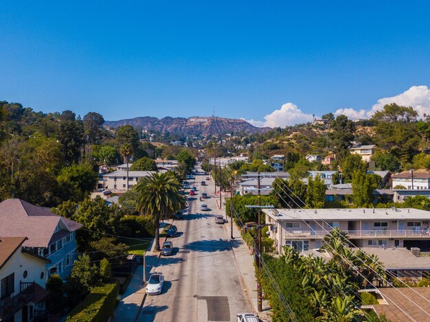 Aerial view of Hollywood sign district in Los Angeles USA