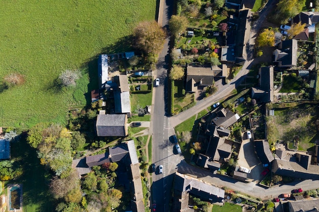 Aerial view of homes in a rural village setting in England