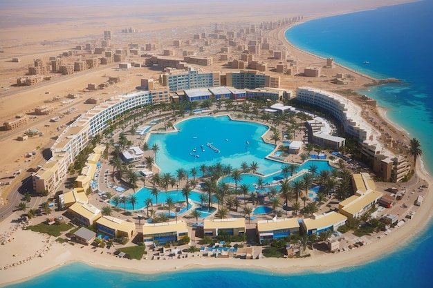 Aerial view on hotels near hurghada city from the airplane