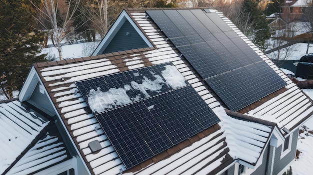 Aerial view of house roof with solar panels covered with snow melting down in winter end for produc