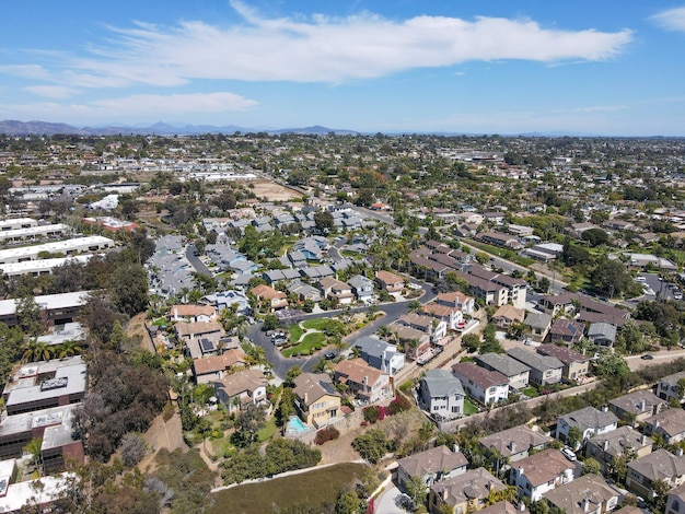 Aerial view of houses in wealthy residential town of Encinitas, South California, USA.