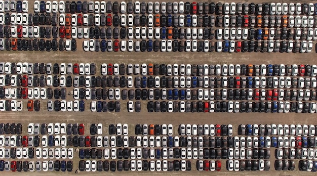 Aerial view of huge storage parking with new cars