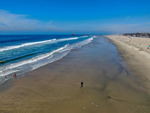 Aerial view of Huntington Beach during hot blue sunny summer day California USA