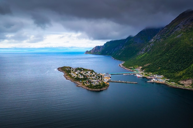 Aerial view of the husoy fishing village on the senja island norway