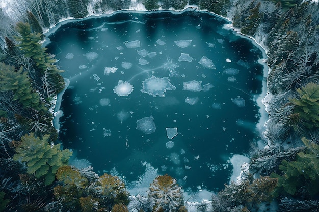 Aerial view of ice on a lake in winter top down drone photograph