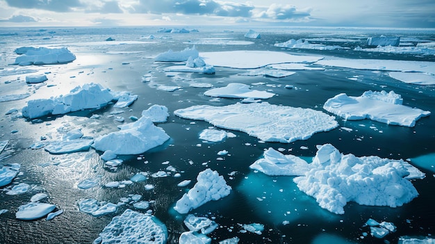 Aerial view of icebergs floating in the ocean