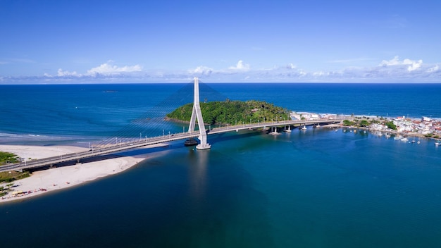 Aerial view of Ilheus tourist town in Bahia Historic city center with sea and river