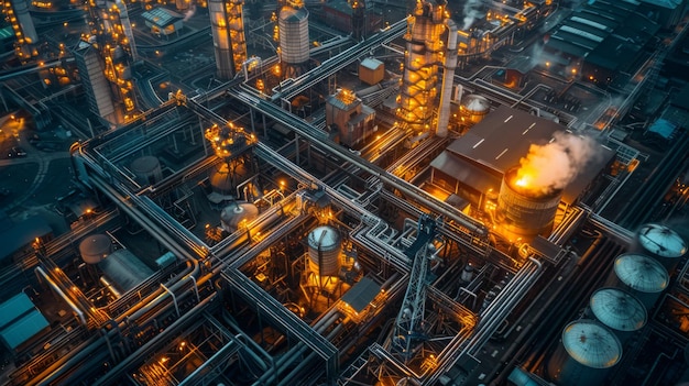 Aerial view of an illuminated industrial plant at night showcasing complex infrastructure and active production facilities