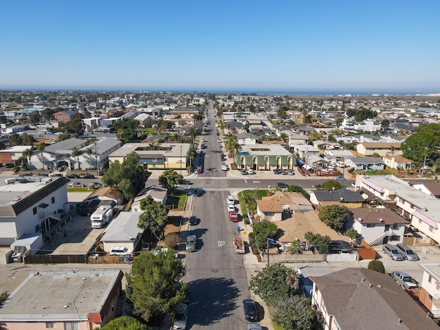 Aerial view of Imperial beach residential area and San Diego Bay on the background, San Diego, Calif