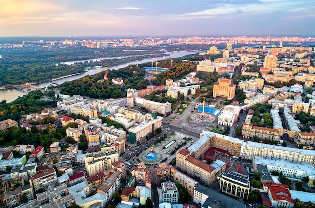 Aerial view of Independence Square - Maidan Nezalezhnosti and other landmarks in central Kiev, Ukraine