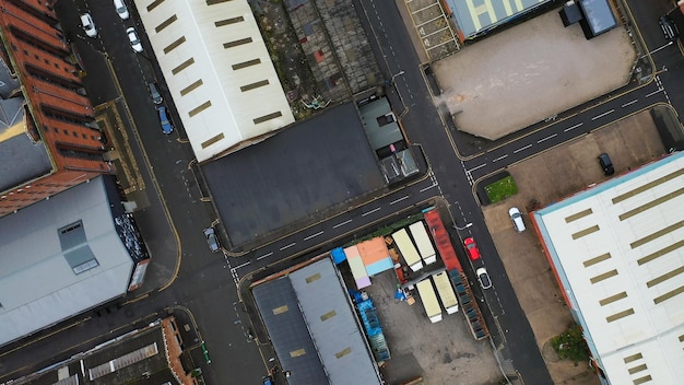 Aerial view of an industrial area with warehouses in the UK