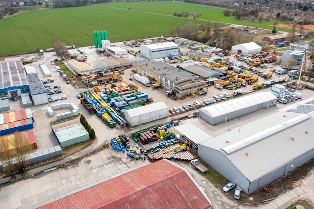 Aerial view of industrial buildings and waste processing plant many garbage containers sorting and further processing of metal dirty industrial areas of the city from a high altitude