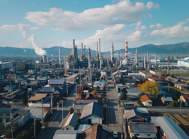 Aerial View of Industrial Complex in Japan with Mountains in the Background