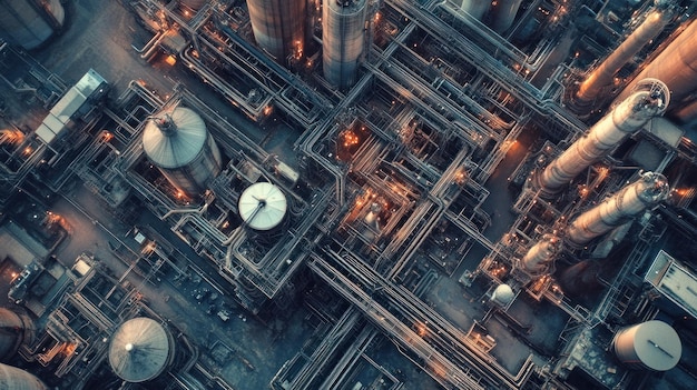 Aerial View of Industrial Complex with Pipes and Tanks