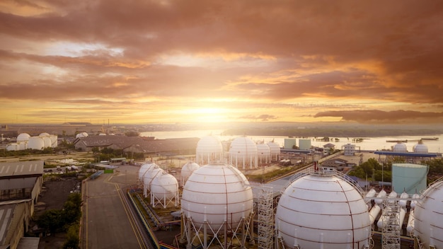 Aerial view of industrial gas storage tank in factory LNG or liquefied natural gas storage tank