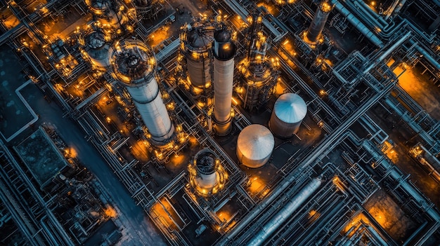 Photo aerial view of industrial refinery at night with illuminated pipes and storage tanks