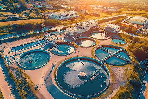 Aerial View of Industrial Sewage Treatment Plant on Sunny Day