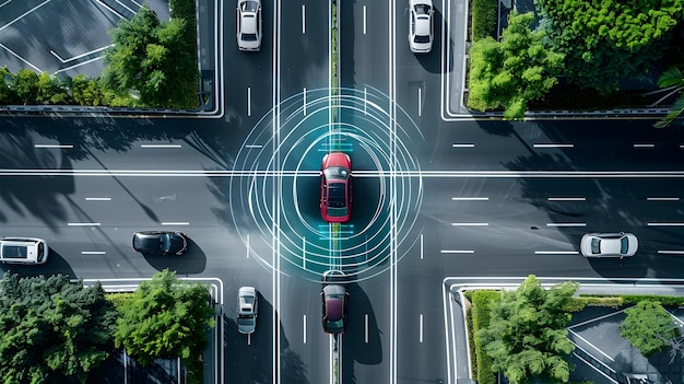 Photo aerial view of intelligent car with advanced safety features on busy highway