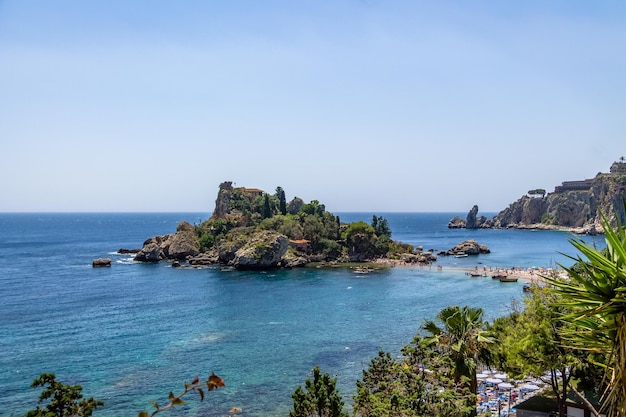 Aerial view of Isola Bella island and beach Taormina Sicily Italy