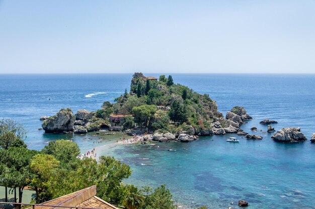 Aerial view of Isola Bella island and beach Taormina Sicily Italy