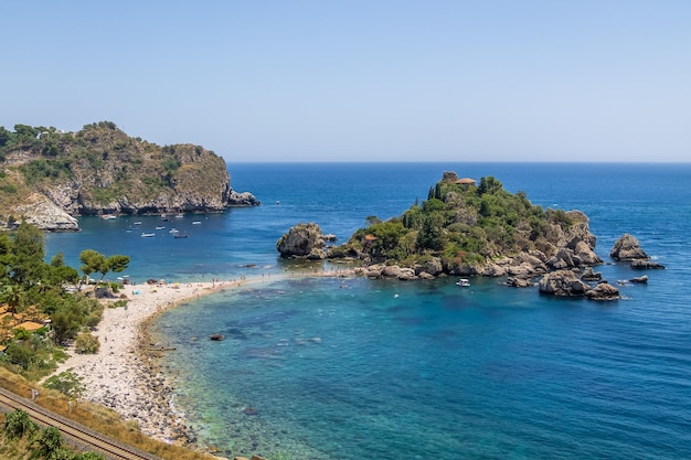 Aerial view of Isola Bella island and beach Taormina Sicily Italy