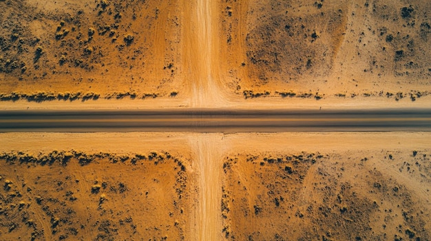 Aerial view of an isolated road crossing through a barren desert no cars with copy space