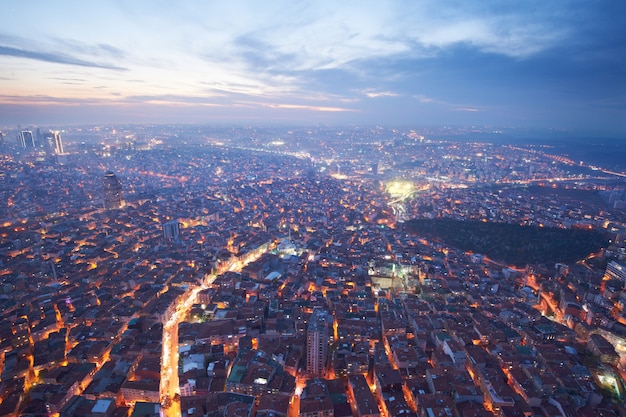 Aerial view of the Istanbul city downtown with skyscrapers at night