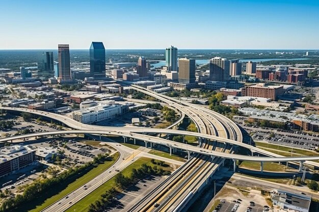 Photo aerial view of jacksonville city with high office buildings and american freeway intersection with