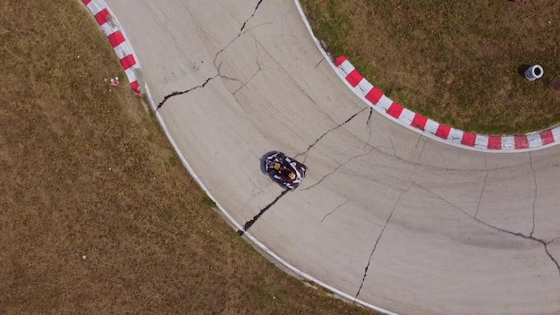 Aerial view of the karting track during the race Several racing karts compete on a special track