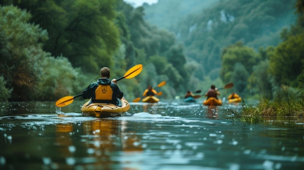 Aerial View of Kayakers on a Serene Tropical River in Lush Rainforest Setting for Adventure and Natu