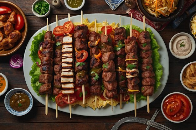 Aerial view of a kebab spread on a table