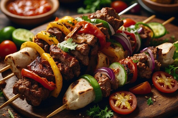 Aerial view of a kebab spread on a table